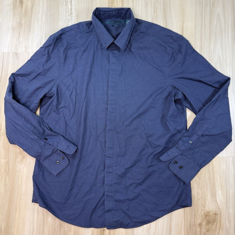 PERRY ELLIS Blue Geometric 100 Cotton Long Sleeve Front Button Shirt XL Slim Fit